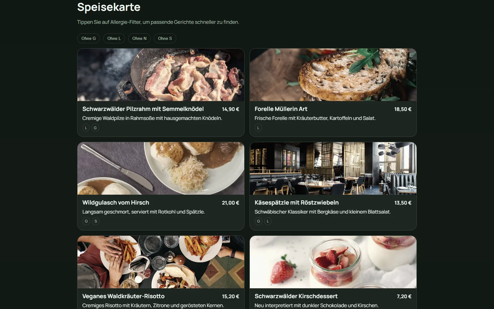 Speisekarten- und Öffnungszeiten-Sektion der Restaurant-Website